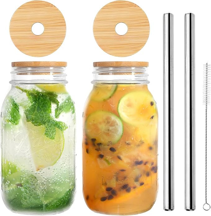 Regular Mouth Mason Jar Lids, Mason Jar Drinking Glasses 24 OZ, Set of 2 mason jar cups with lids... | Amazon (US)