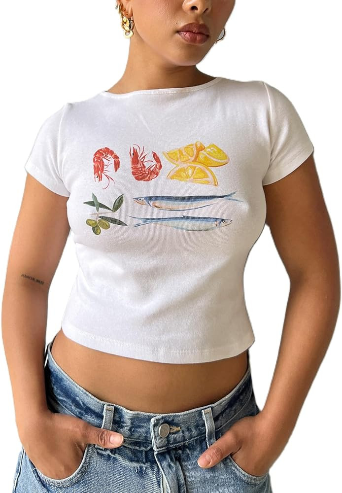 Y2k Baby Tees for Women Cute Olive Bowl Graphic Print Crop Tops Crew Neck Fruit Aesthetic Shirts ... | Amazon (US)