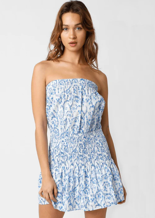 Delaney White and Blue Floral Strapless Mini Dress | Boho Pink
