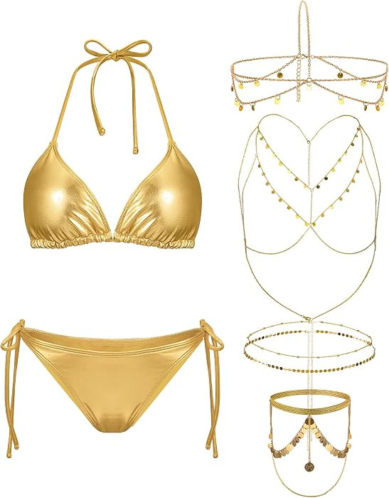 5 Pcs Women Gold Bikini with Gold Sequins Head Chain Body Waist Thigh Chain Swimsuit Set | Amazon (US)