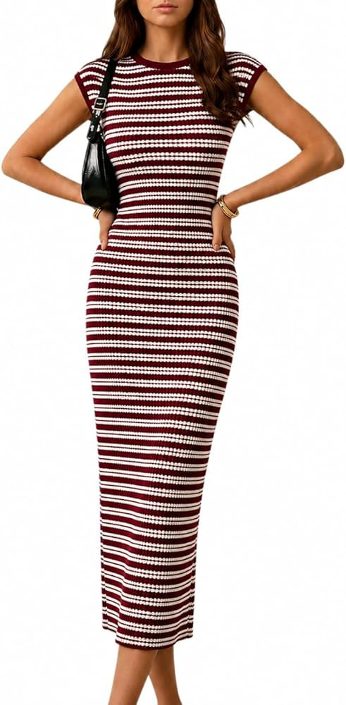 itnpbwus Women's Striped Midi Dress Bodycon Knit Crew Neck Cap Sleeve Casual Dresses | Amazon (US)