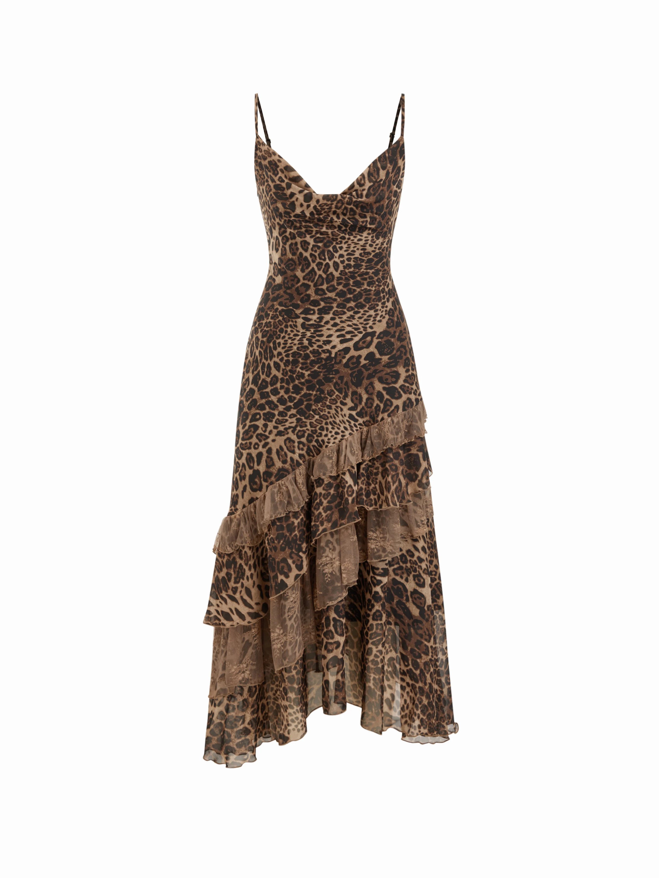 Woven Leopard Cowl Neck Ruffled Asymmetrical Maxi Cami Dress For Daily Casual | Cider