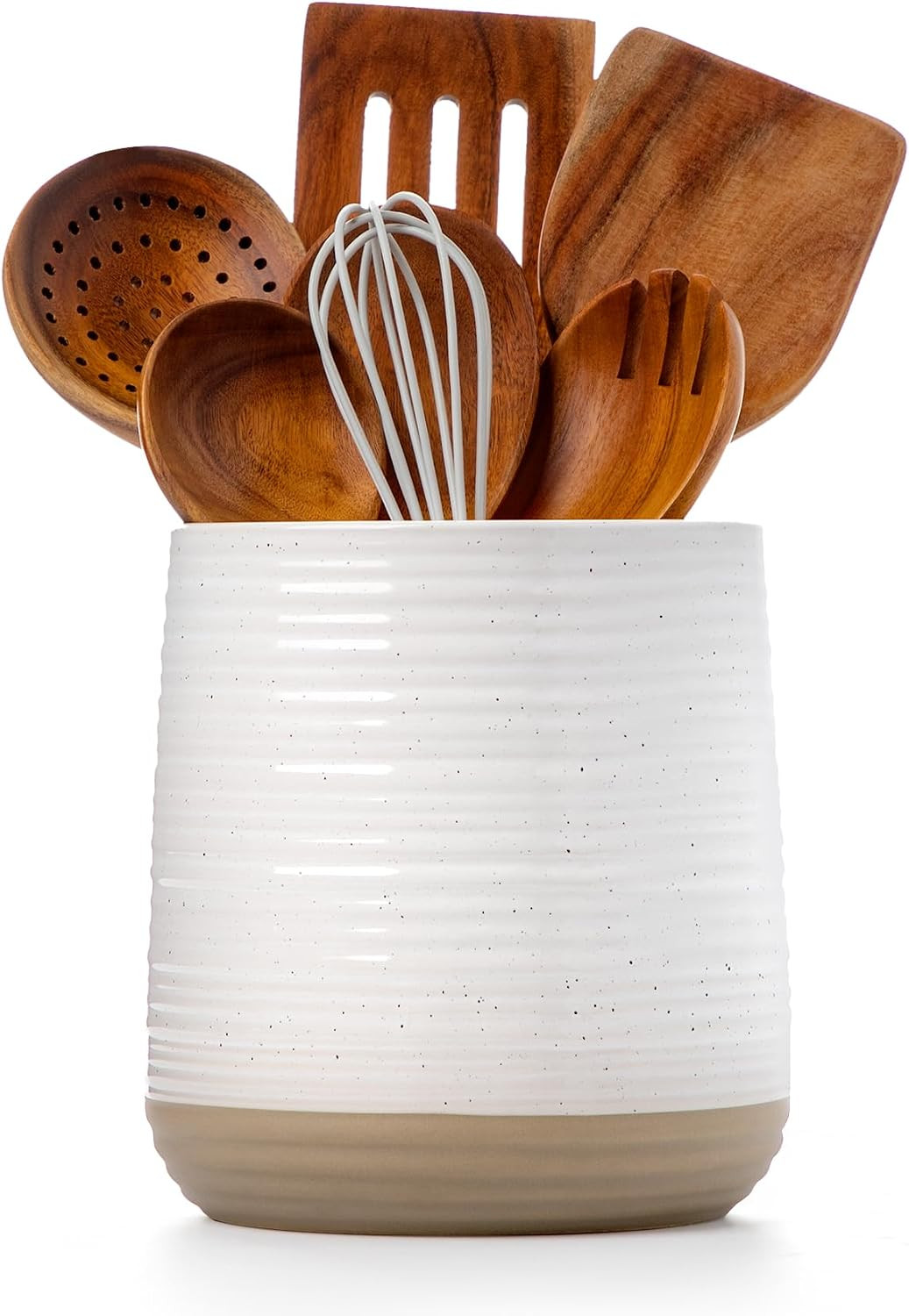 Officepal 6.8" Large Ceramic Kitchen Utensil Holder - Utensil Holder for Kitchen Counter, Modern Farmhouse Style Utensil Holder for Spoons, Spatulas & Cooking Tools (White) | Amazon (US)