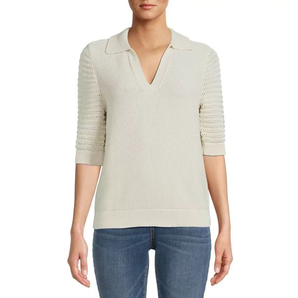 Time and Tru Women's Elbow Sleeve Polo Sweater, Midweight - Walmart.com | Walmart (US)