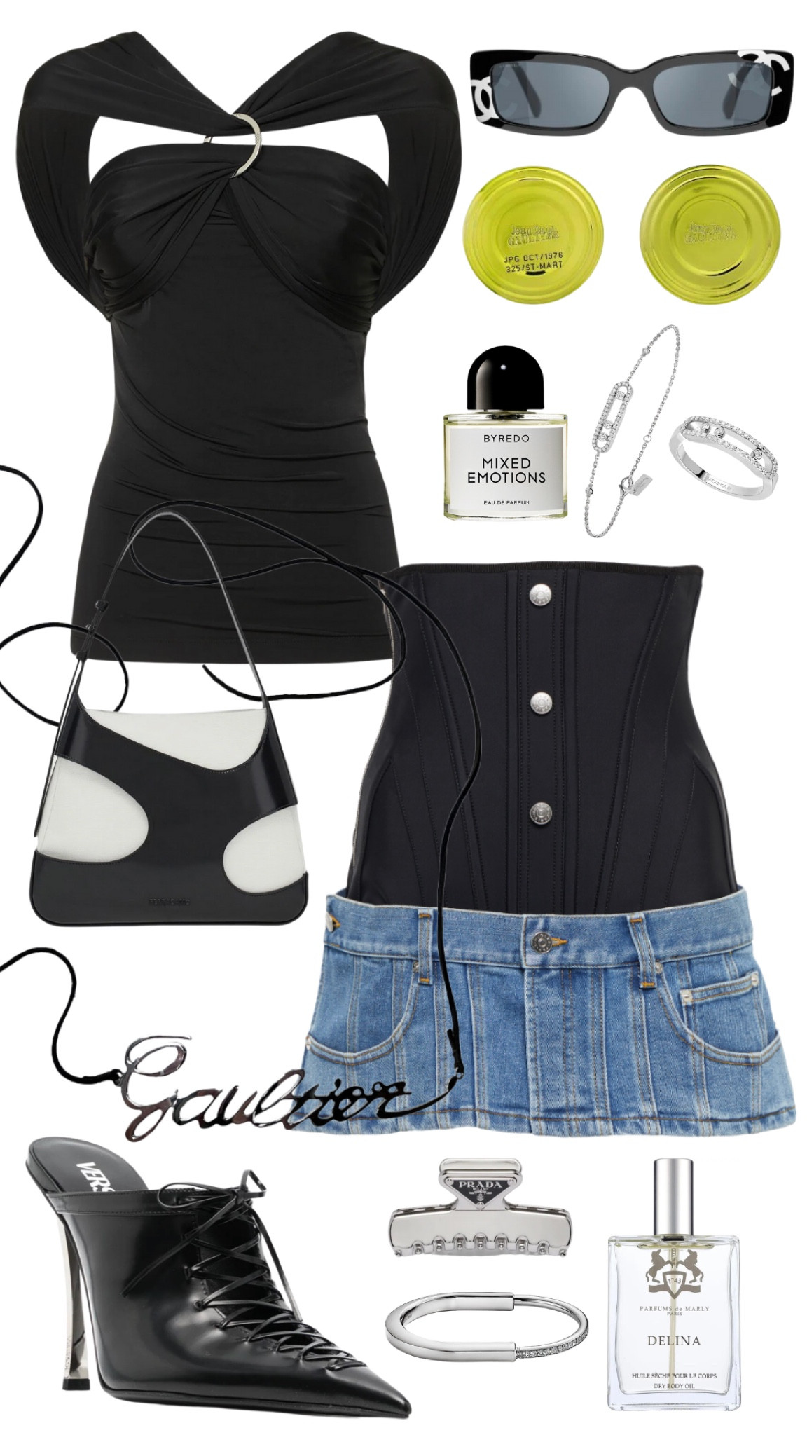 the attico top
mugler corset mini skirt 
versace heels 
ferragamo bag 
chanel sunglasses 
jean paul gaultier belt + earrings 
byredo mixed emotions 
parfums de marly delina body oil 
prada hair clip 
tiffany&co lock bracelet 
messika bracelet + ring 

#LTKFind #LTKSeasonal #LTKstyletip