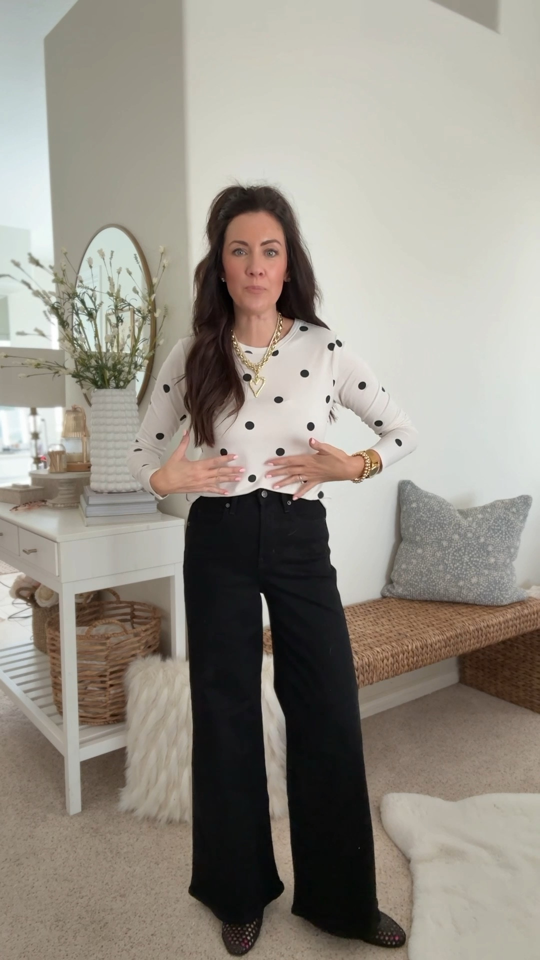 Polka dot perfection!
This tee is lightweight, stretchy & too cute—under $30!
Wearing a small
Wearing a 2 regular in black wide leg jeans
I went down 1/2 a size in flats—great “springy” black flats 

#LTKmomlife #LTKSeasonal #LTKootd