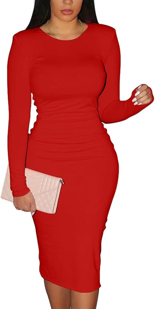 XXTAXN Women's Sexy Bodycon Long Sleeve Round Neck Work Office Midi Pencil Dress | Amazon (US)