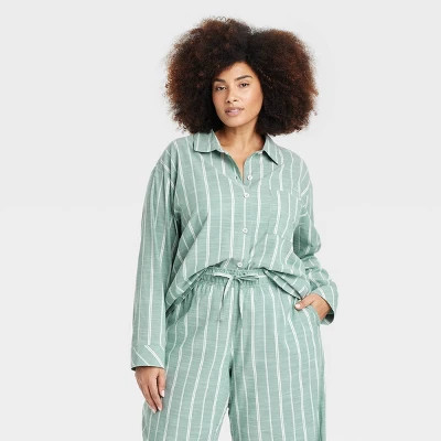 Women's Striped Cotton Blend Long Sleeve Pajama Shirt - Auden™   1X: Midweight Poplin, Button Down Collar, Front Pocket | Target