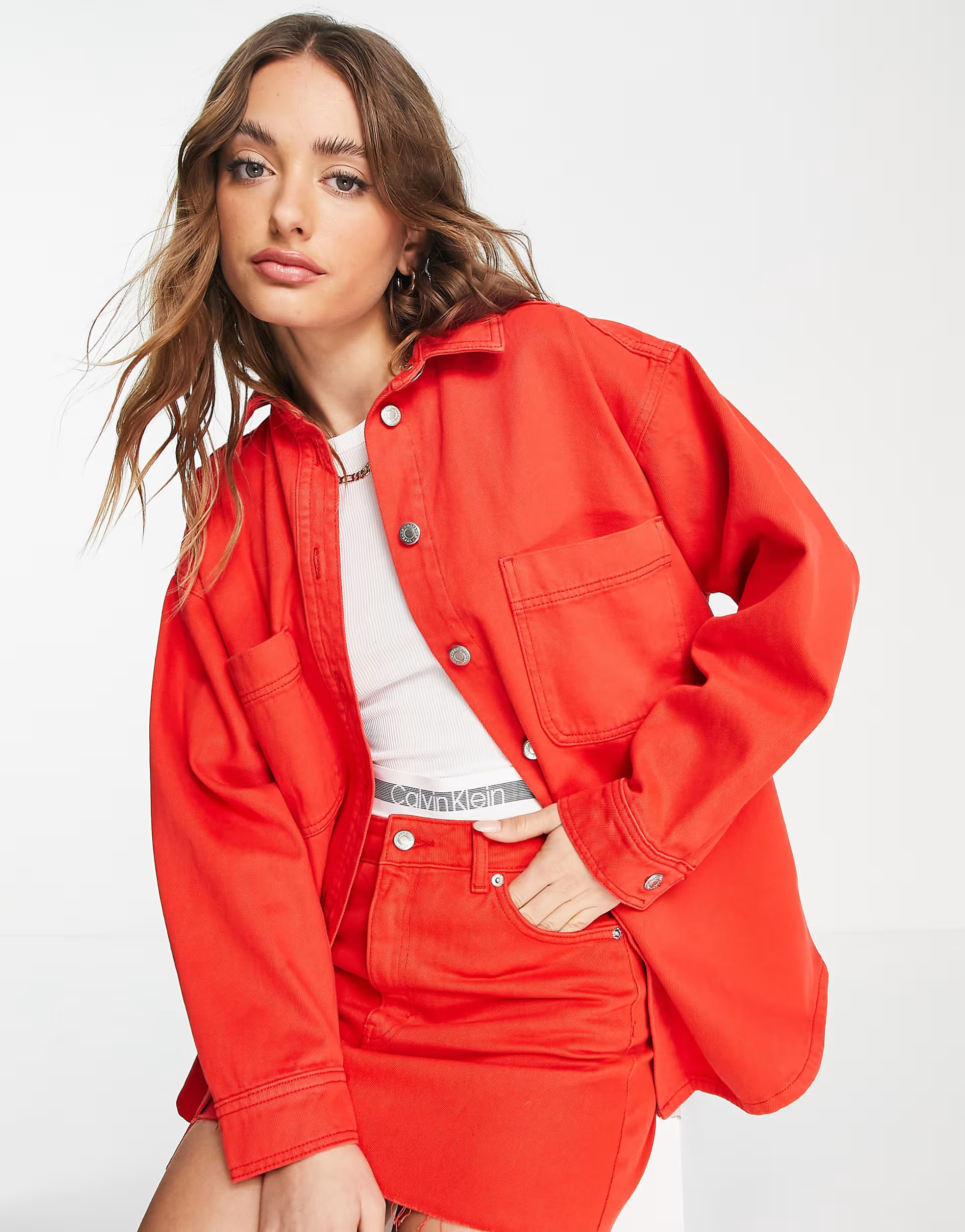 Topshop cotton co-ord denim shacket in red - RED | ASOS (Global)