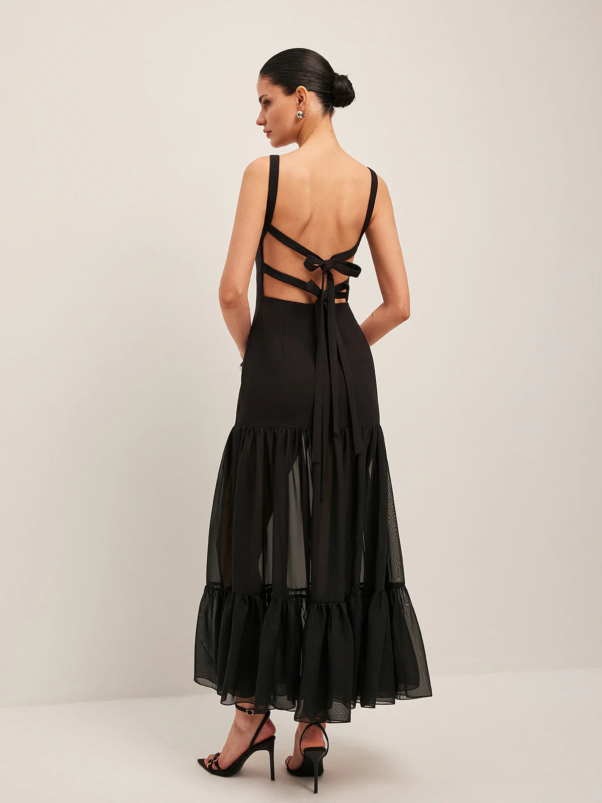 Sheer Panel Back-Tie Ruffled Hem Dress | Commense