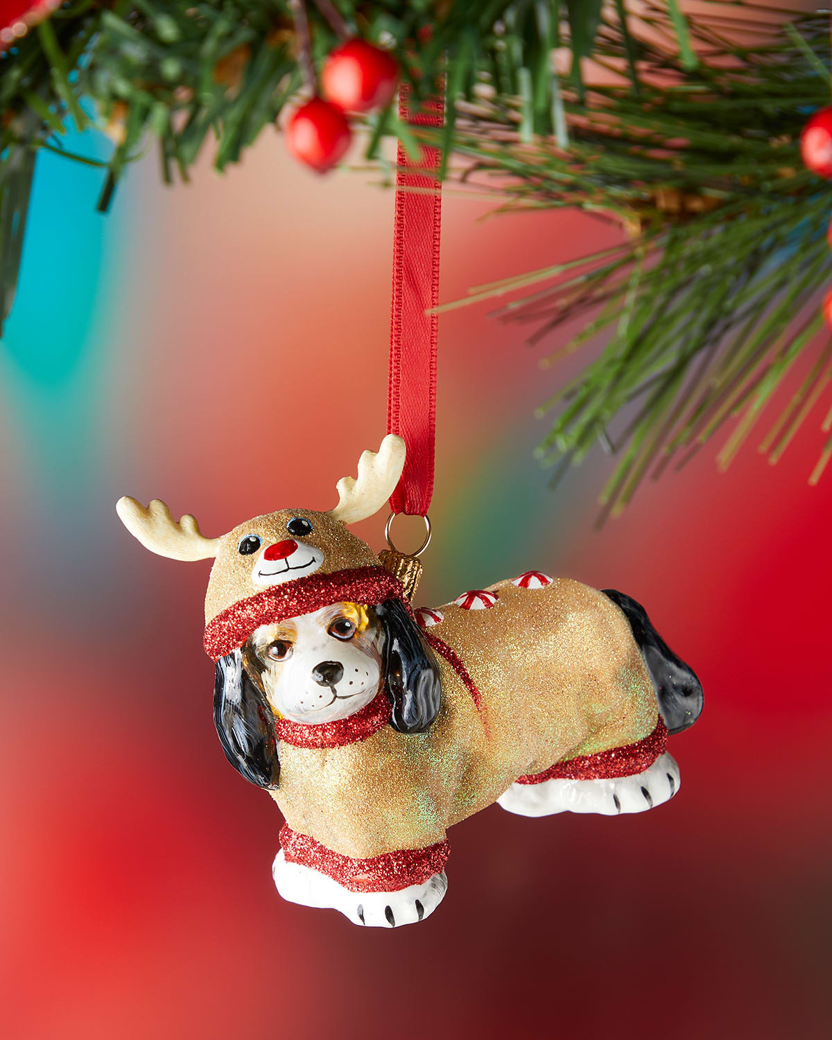 Cavalier King Charles Spaniel Dog in Reindeer Sleeper PJs Christmas Ornament - Tricolor | Horchow