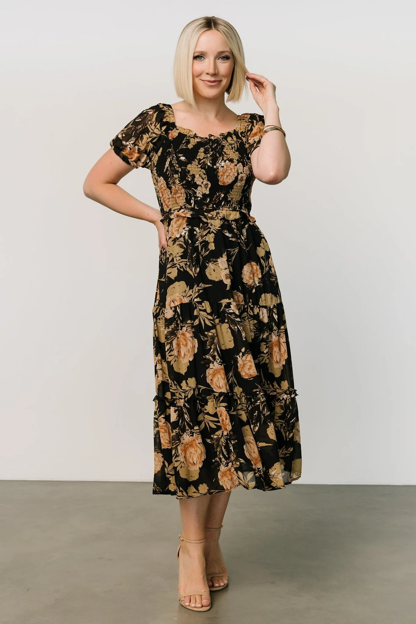 Beckham Smocked Midi Dress | Black Multi | Baltic Born