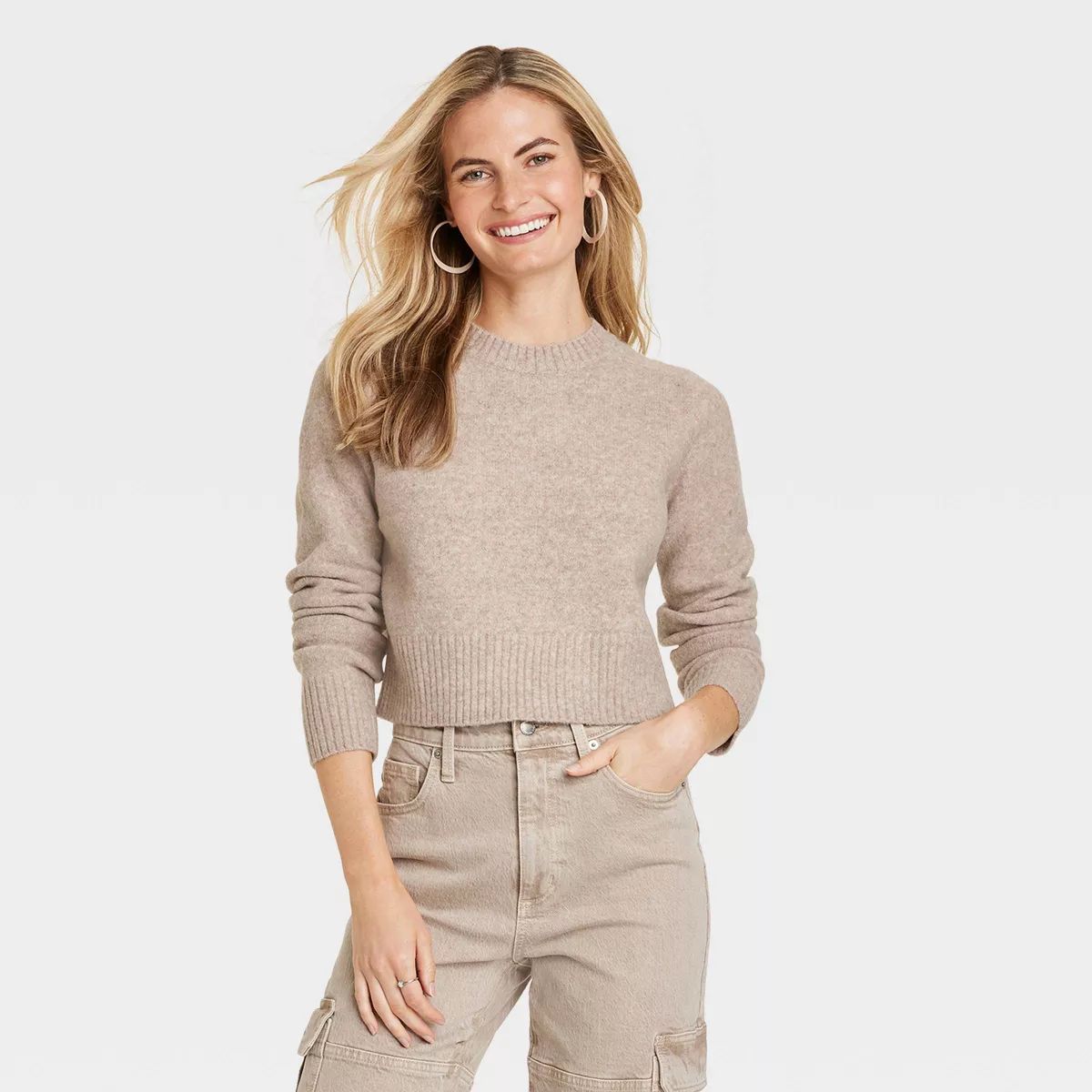 Women's Crew Neck Cashmere-Like Pullover Sweater - Universal Thread™ Tan L | Target