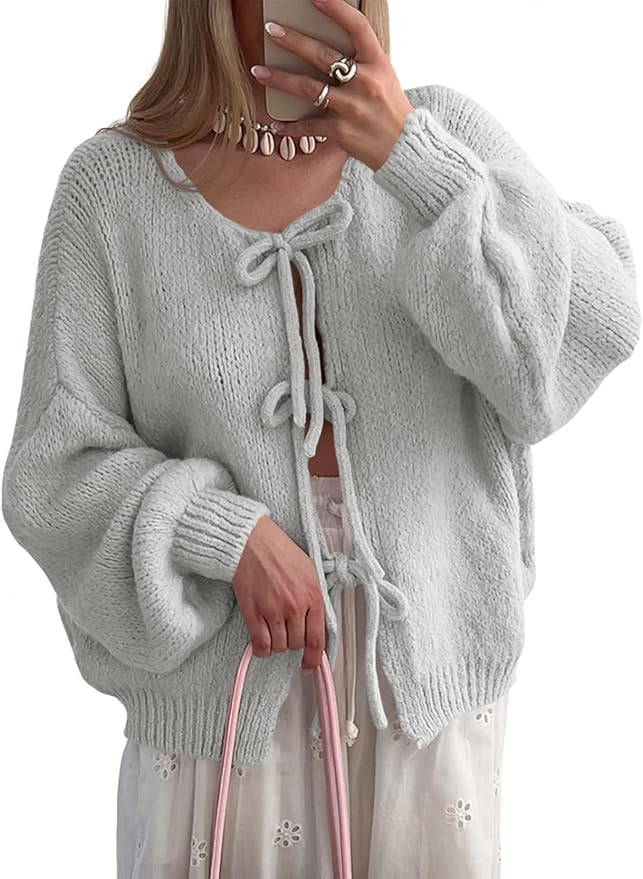 Saodimallsu Womens Tie Front Cardigan Sweaters Cute Bow Puff Long Sleeve 2024 Fall Loose Ribbed K... | Amazon (US)