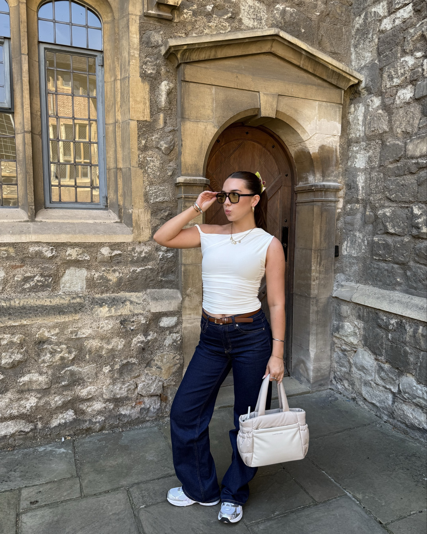 White off the shoulder top, denim jeans, asics 

#LTKautumn #LTKuk #LTKeurope