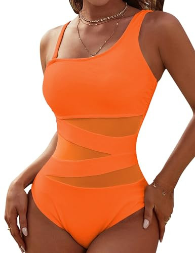 Blooming Jelly Women's Sexy One Piece Bathing Suits One Shoulder Swimsuits Slimming Mesh Swimwear (Medium, Orange) | Amazon (US)