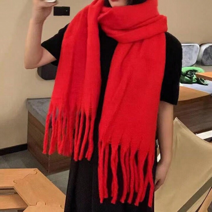 1pc Ladies' Solid Color Thick Knitted Tassel Detail Shawl Scarf, Suitable For Outdoor Travel, Par... | SHEIN