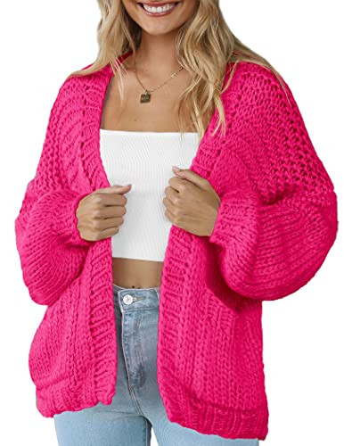 Women Long Sleeve Cable Knit Cardigan Open Front Oversized Lightweight Sweater Cardigans with Pocket Hot Pink | Amazon (US)