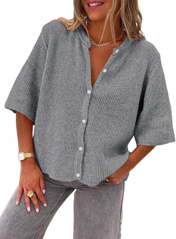 LILLUSORY Short Sleeve Cardigan Sweaters for Women 2025 Summer Cropped Button Up Sweater Tops Cas... | Amazon (US)