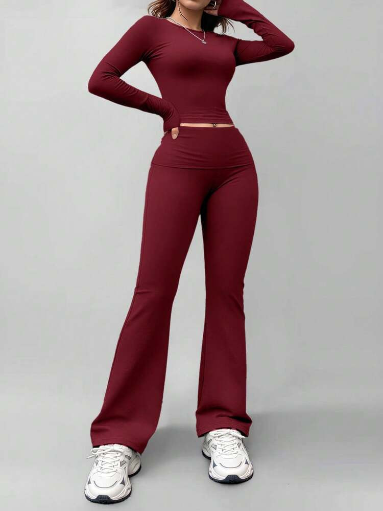 Women's Round Neck Long Sleeve T-Shirt And Pants Casual Matching Set, Versatile For Spring | SHEIN