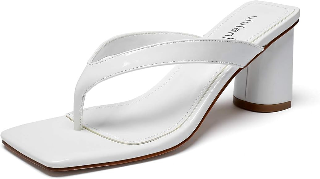 vivianly Women's Square Toe Thong Heels Slip On Mules Backless Chunky Heel Slippers | Amazon (US)