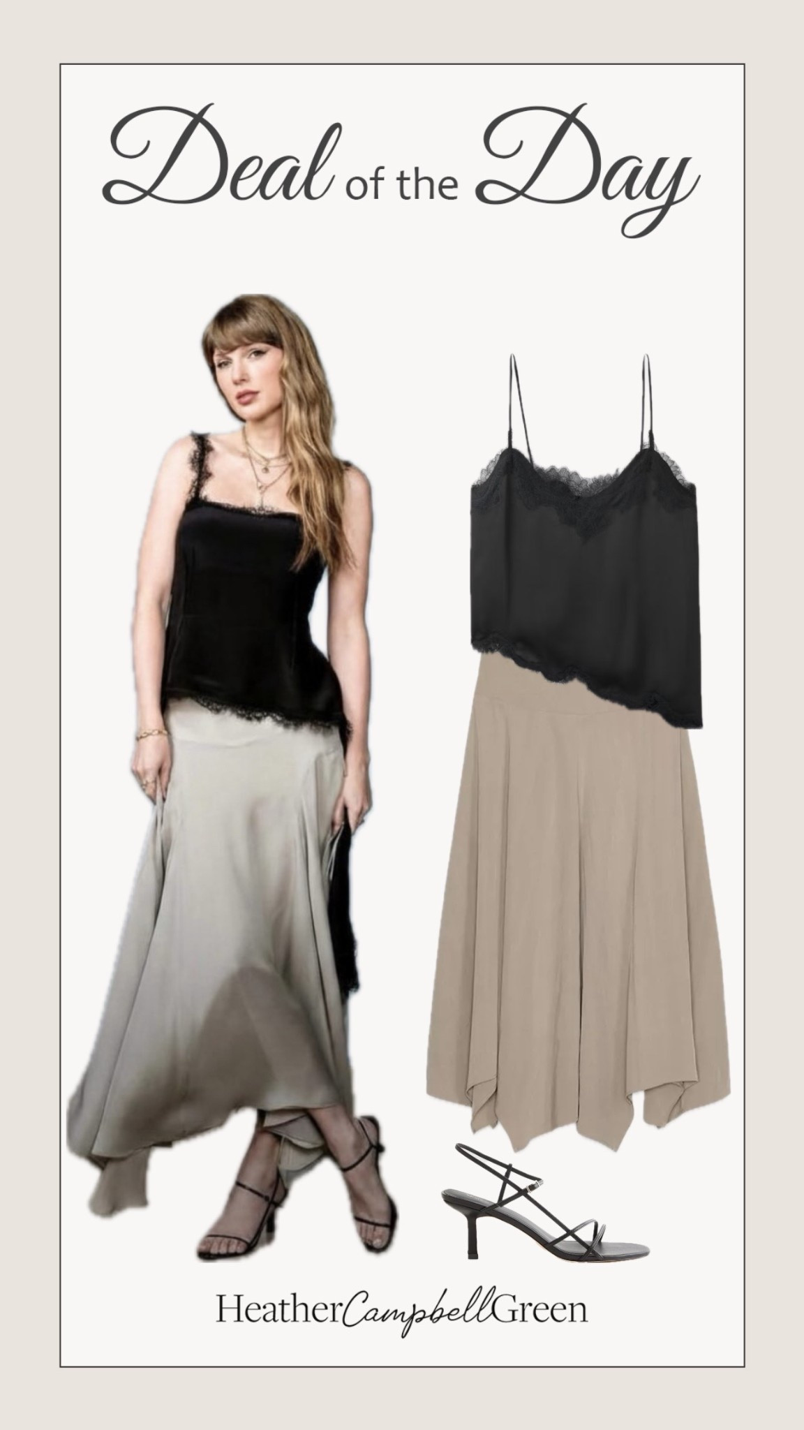 Taylor Swift inspired style — but make it effortless and wearable 🤍

This look is the definition of quiet luxury done right.
A soft satin midi skirt paired with a delicate lace-trim cami creates that clean, feminine silhouette she leans on again and again. I found the exact items as well as ones  with look-for-less options that give you the same feel without the designer price point.