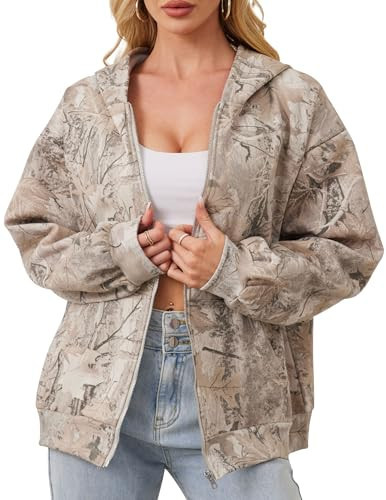 Eutten Womens Camo Zip Up Hoodie Long Sleeve Maple Leaf Print Oversized Hooded Jacket Fleece Full Zip Sweatshirt with Pockets | Amazon (US)