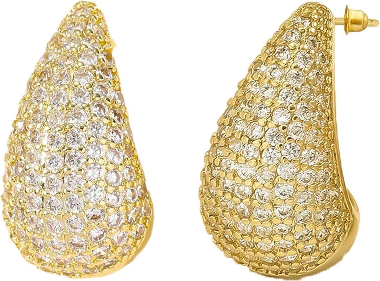 Gold Crystal Chunky Hoop Earrings - Sparkly Rhinestone Teardrop Design with 925 Sterling Silver P... | Amazon (US)
