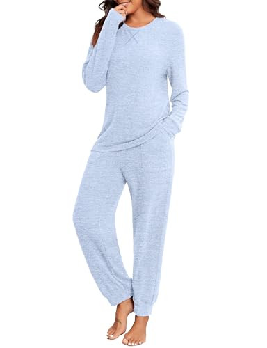 PrinStory Womens Pajama Sets Long Sleeve Pajamas Soft Pjs Sets for Women 2 Piece Lounge Sets Loungewear with Pockets Azure-S | Amazon (US)