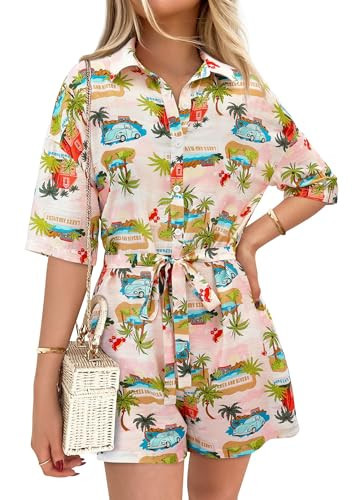 PRETTYGARDEN Womens Rompers for Summer 2025 Beach Vacation Clothes Short Sleeves Floral Jumpsuits Beach Cover Up(White+Blue leaf,Medium) | Amazon (US)
