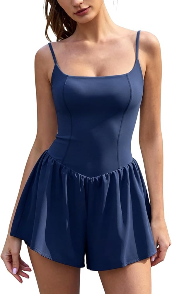 QINSEN Sleeveless Square Neck Romper for Womens Casual Spaghetti Straps Summer Short Jumpsuit Out... | Amazon (US)