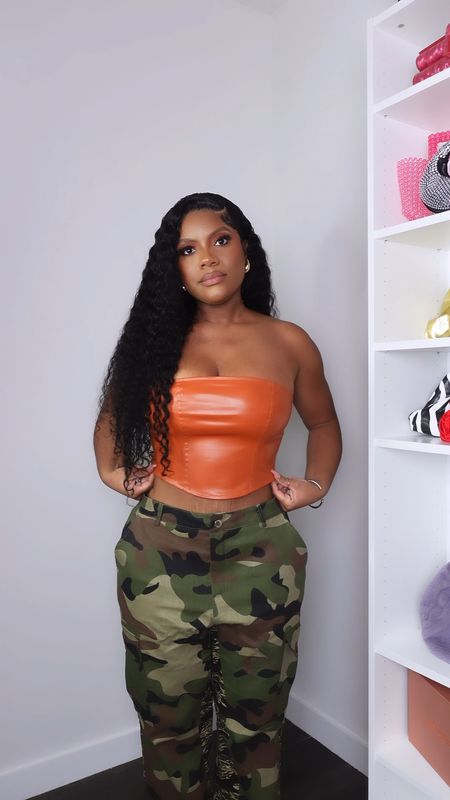 Faux leather top, brown tube top, strapless top, fall fashion, fall trends, army fatigue pants, camouflage pants, faux leather crop top, green crop top, green faux leather top, curly hair, fall top

#LTKfindsunder50 #LTKstyletip #LTKSeasonal