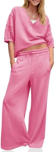 Fisoew Womens 2 Piece Outfits Casual V Neck Shirts Wide Leg Running Long Pants Loose Workout Trac... | Amazon (US)