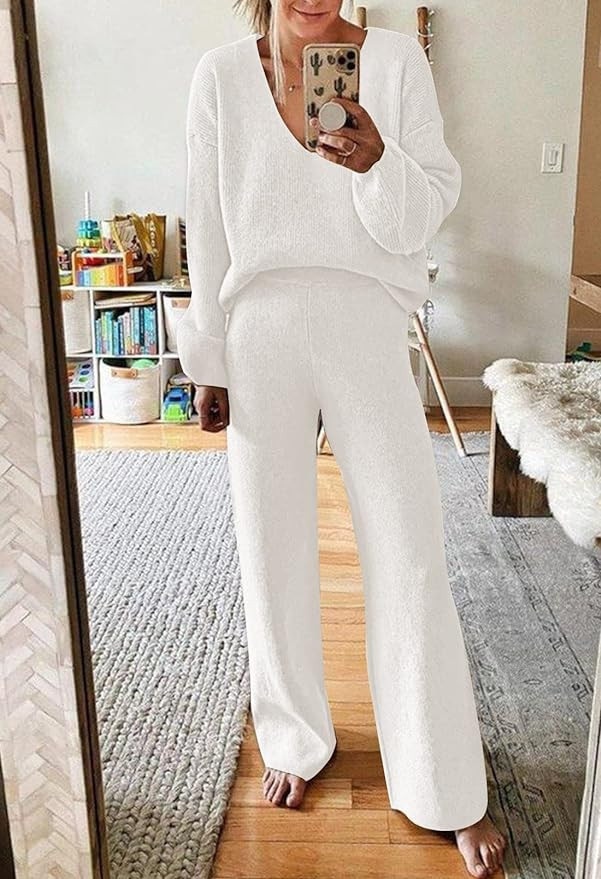 Viottiset Women's 2 Piece Outfits Casual V Neck Knit Wide Leg Sweater Lounge Set Sweatsuit | Amazon (US)
