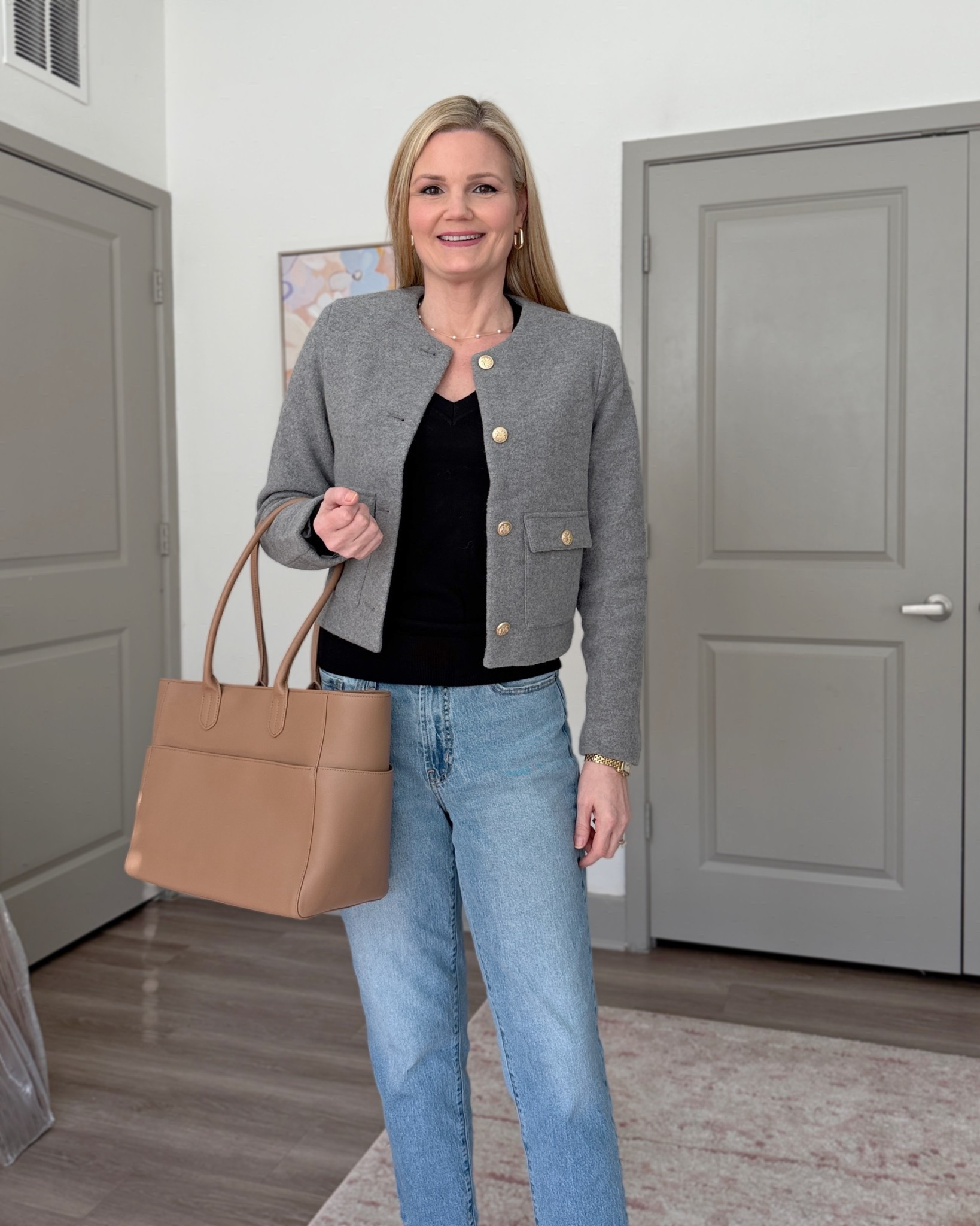 New from Quince! Leather shoulder bag has a laptop pocket. Wool cropped jacket in size small. Cashmere v-neck sweater in size small  

#LTKootd #LTKSeasonal #LTKOver40