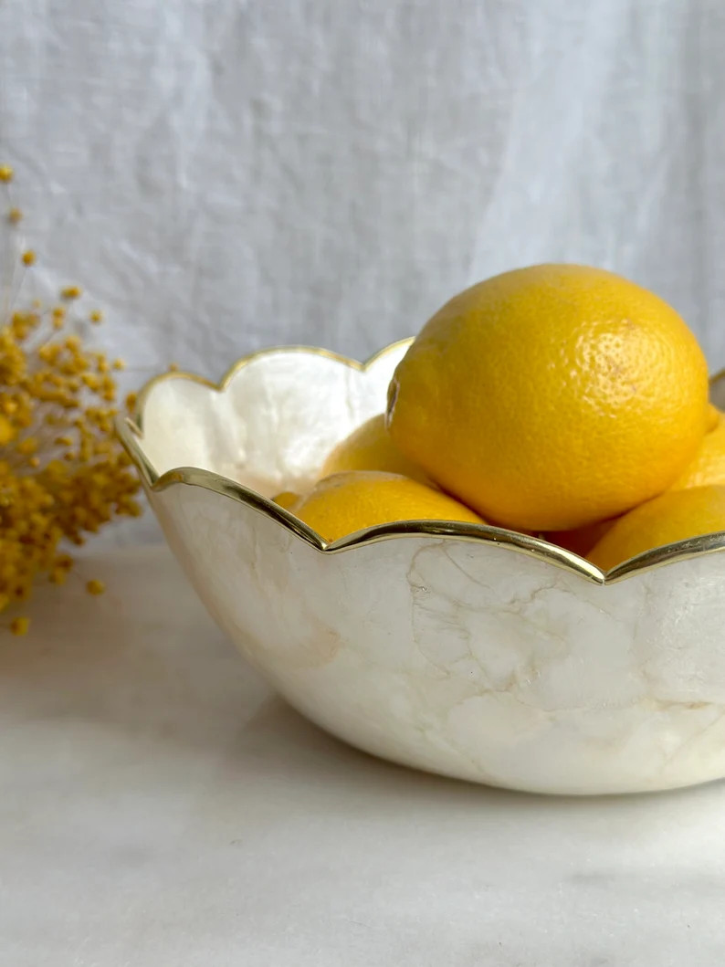 Vintage Capiz Shell Scalloped Mother of Pearl Serving Bowl Gold Rim Ruffled Anthropology Fruit Bo... | Etsy (US)
