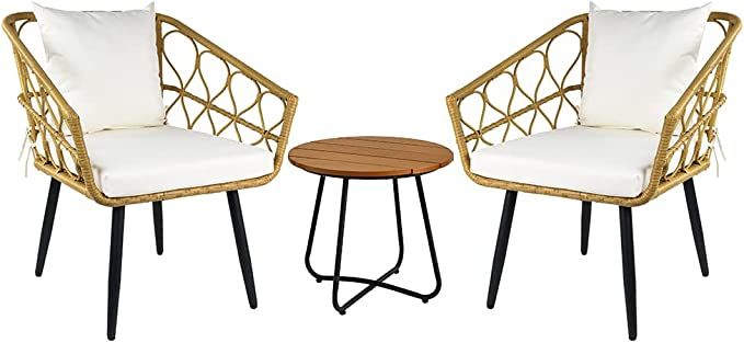 Amazon Basics Outdoor All-Weather Woven Faux Rattan Chair Set with Cushions and Side Table, Tan -... | Amazon (US)