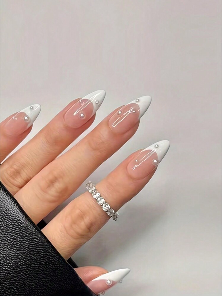 24Pcs Medium Almond Press On Nails French Tip Nails With Pearls Design Elegant & Chic For Women Girls Summer Nails Art Daily Wear Nail Supplies Nails | SHEIN