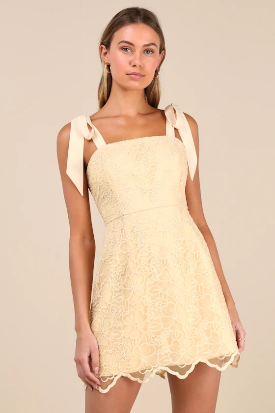 Lovable Aesthetic Light Yellow Embroidered Tie-Strap Mini Dress | Lulus
