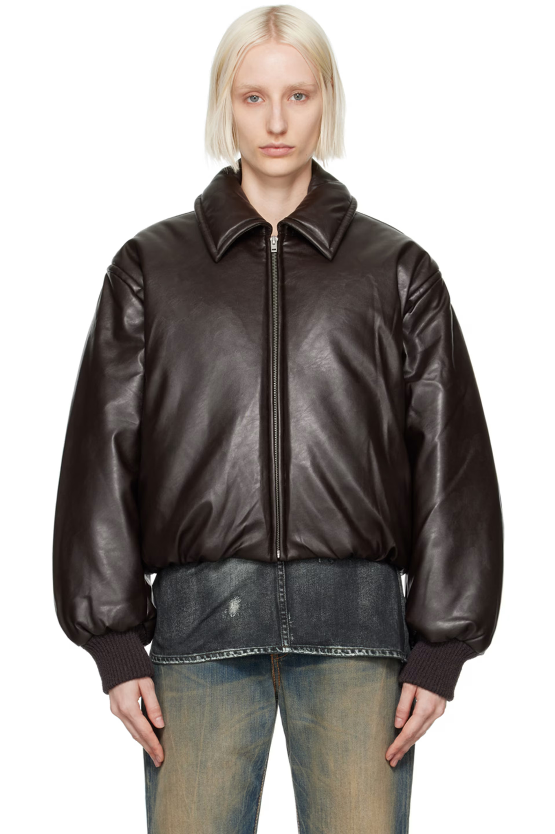 Brown Coated Faux-Leather Bomber Jacket | SSENSE