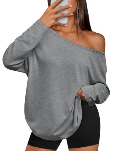 Trendy Queen Womens Off The Shoulder Tops Oversized Tshirts One Shoulder Long Sleeve Fall Outfits 2025 Casual Basic Tees Fashion Clothes Grey M | Amazon (US)