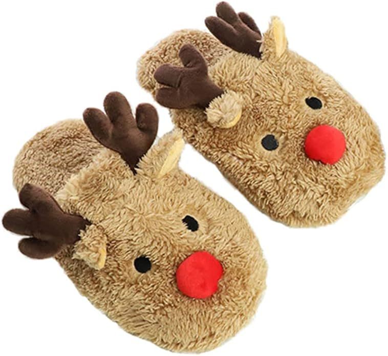 Adults/Kids Lovely Reindeer Slip-on Slippers Winter Soft Fleece Animal Indoor Shoes | Amazon (US)