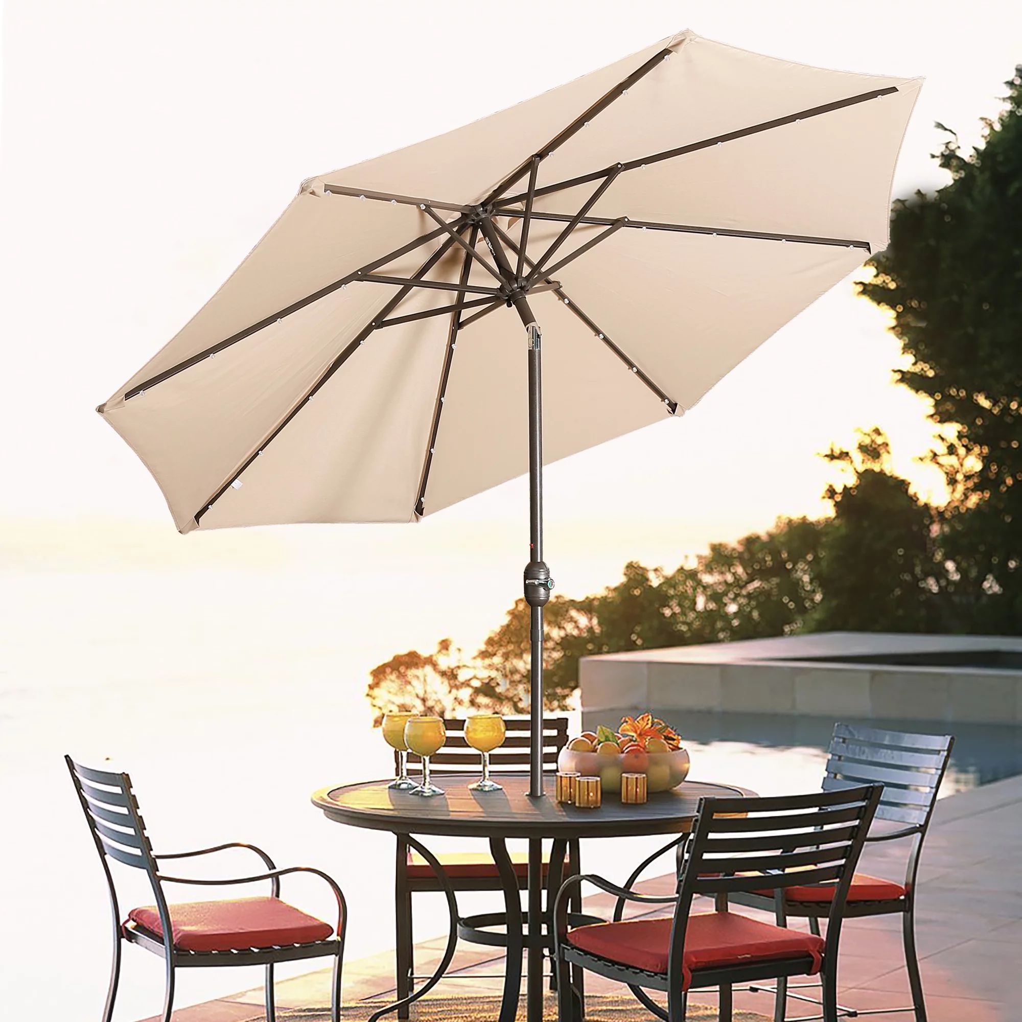 9ft Patio Umbrella Outdoor Market 32 LED Solar Umbrella with Tilt and Crank(Sand) - Walmart.com | Walmart (US)