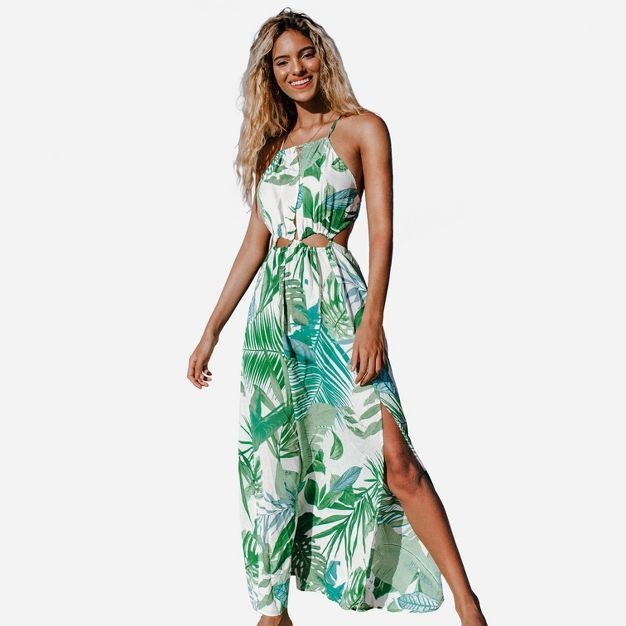 Women's Green Leafy Sleeveless Cutout Tie Neck Ankle Length Maxi Dress-Cupshe | Target