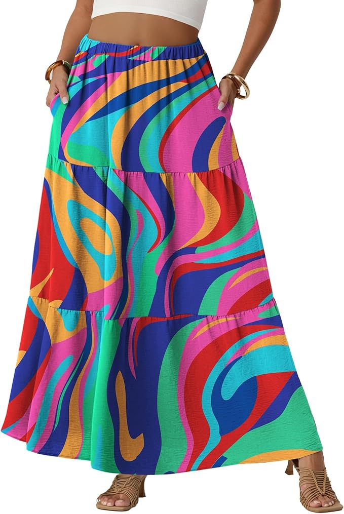 Womens Boho Casual Maxi Skirts Flowy Elastic High Waisted A-Line Long Skirts with Pockets Beach V... | Amazon (US)