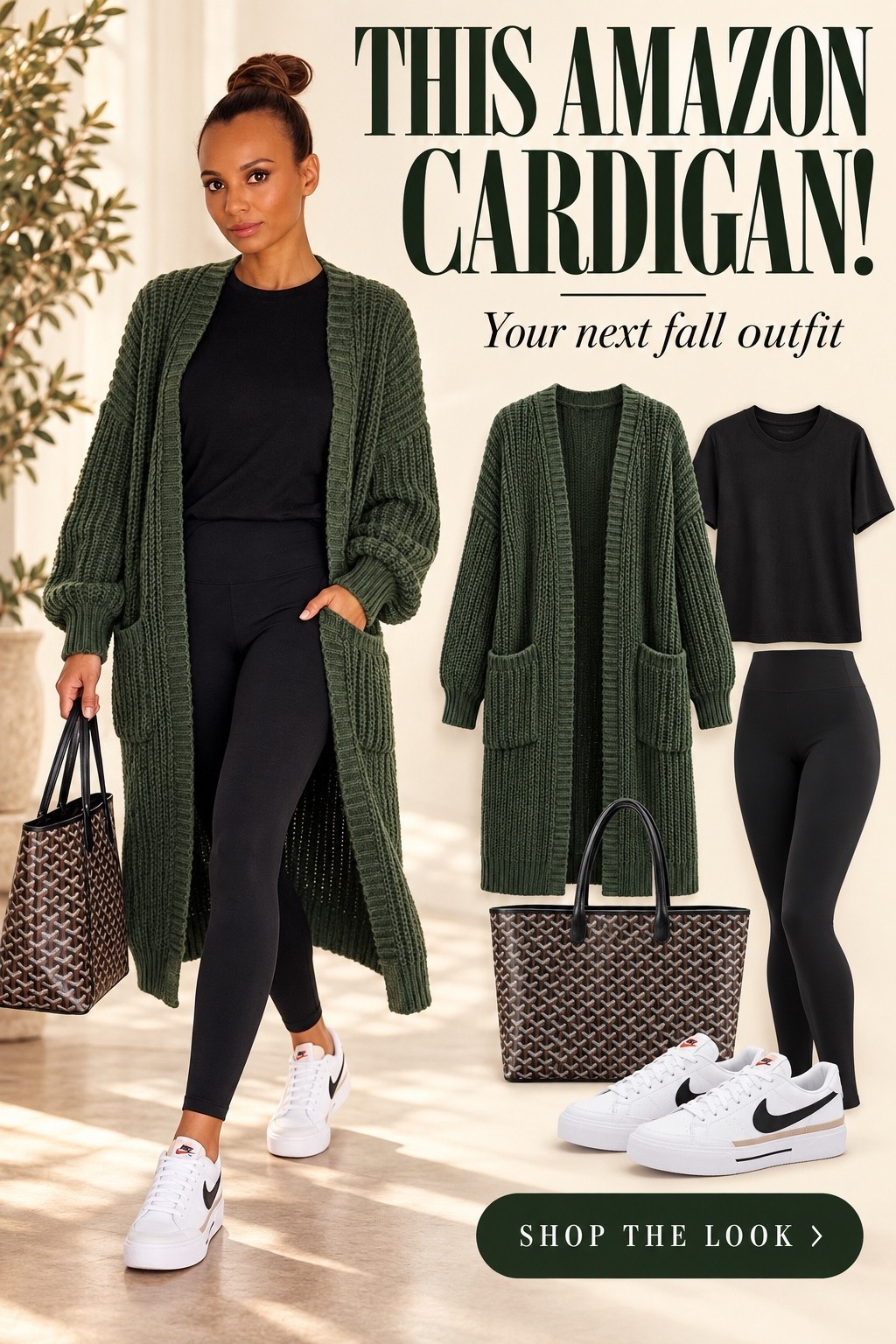 This Amazon cardigan pulls the whole look together 💚 Styling a long green chunky knit cardigan with a black tee, high-waisted leggings, white Nike sneakers, and a patterned tote for an easy fall outfit. Casual chic inspiration for school drop-offs, weekend errands, and travel days. Tap below to shop the look!

#LTKStyleTip #LTKSeasonal #AmazonFashion #FallOutfits #CardiganOutfit #LeggingsOutfit