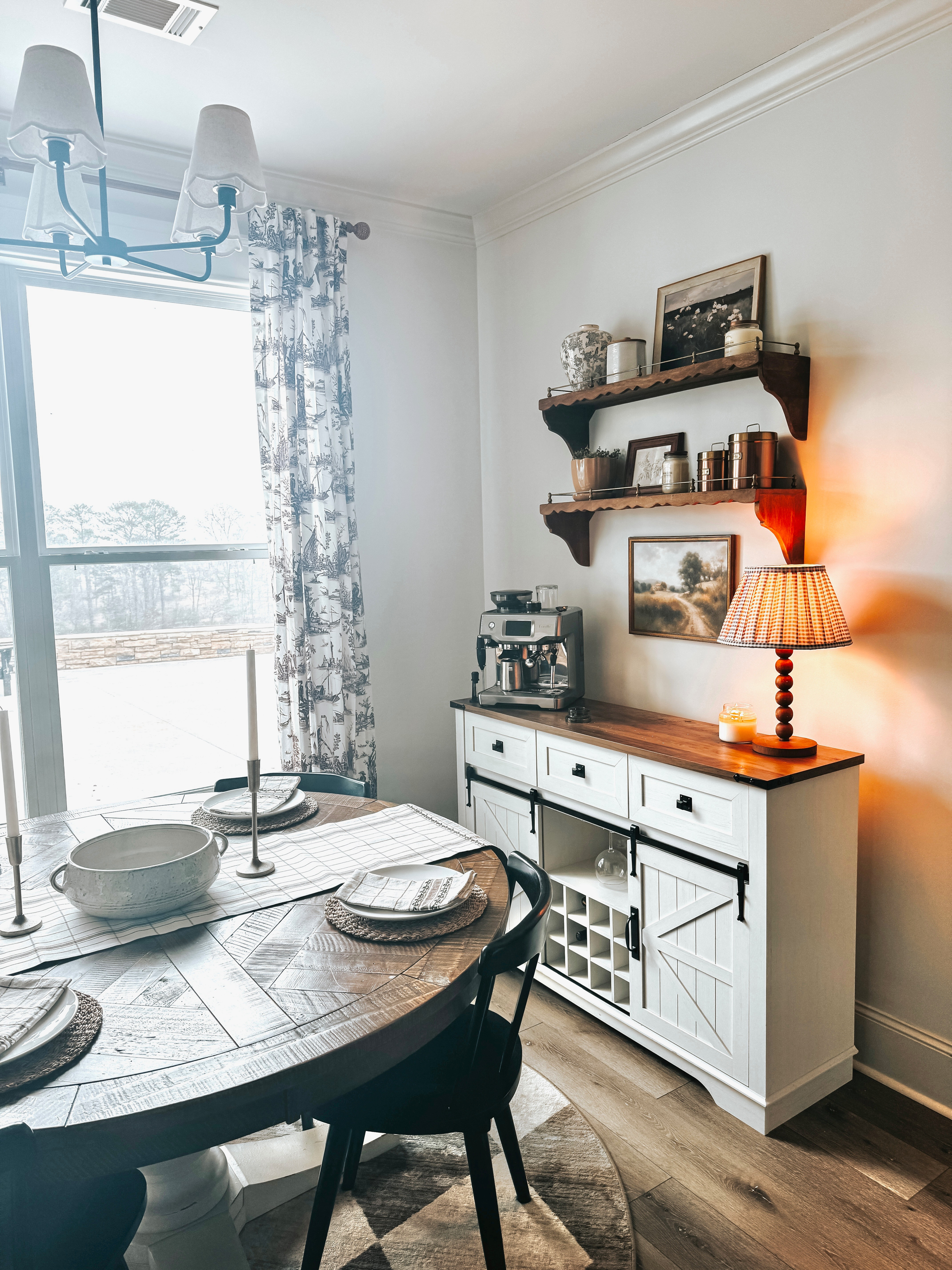 A little dining room refresh 🤍
Curtains, light fixture, and chairs are all from Amazon. The table is older Ashley Furniture, but I linked a similar option. Coffee bar area is linked too — a mix of Target and Magnolia Home finds.  

 #LTKHome