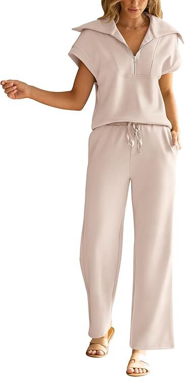 Caracilia Women 2 Piece Sets Summer Outfits Casual Half Zip Sweatshirt Sweat Pants Tracksuits Tra... | Amazon (US)