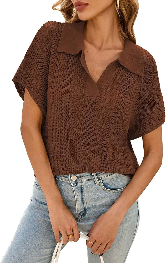 Cakulo Crochet Tops Sweater Top, Short Sleeve Knit Crop | Amazon (US)