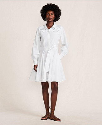 Lands' End Women's Embroidered Poplin Button Front Dress with Godets - Macy's | Macy's